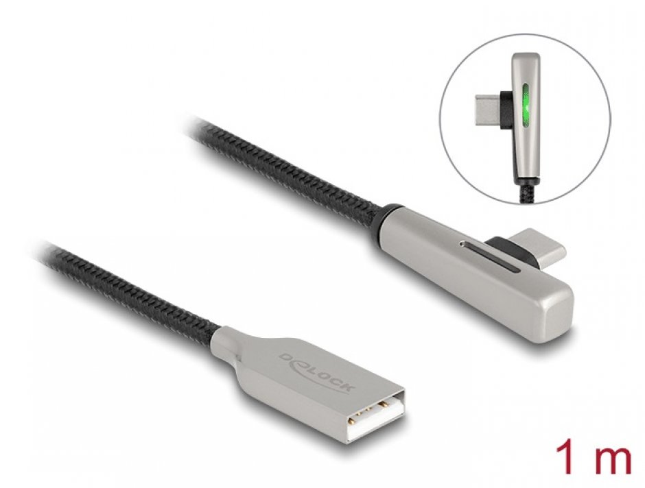 Imagine Cablu USB 2.0-A la USB type C T-T Fast Charging 60W cu LED 1m brodat Negru, Delock 80766